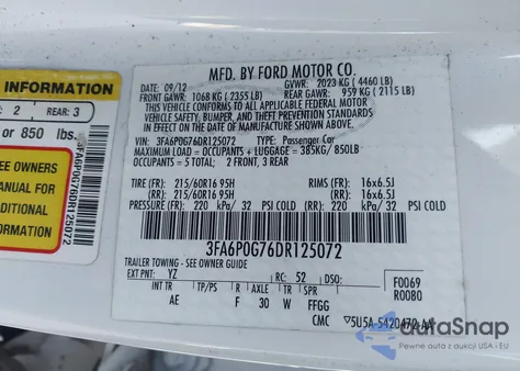 2013 Ford Fusion S из США, поврежденный, VIN 3FA6P0G76DR125072